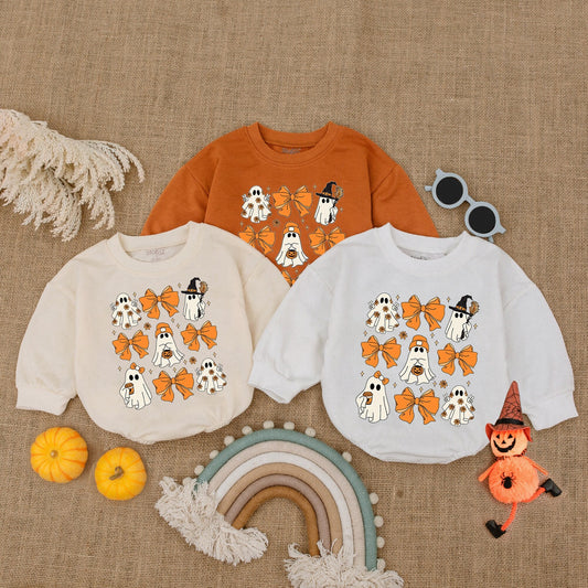 Cute Ghost Halloween Baby Romper with Retro Bows, Spooky Orange Grid Design Bodysuit, Soft Cotton Outfit Perfect for Spooky Season Baby Costume Gifts