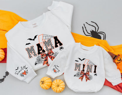 Spooky Mama Halloween Sweatshirt Matching Mini Bat Spider Checkered Orange Bow Retro Cozy Fall Gift