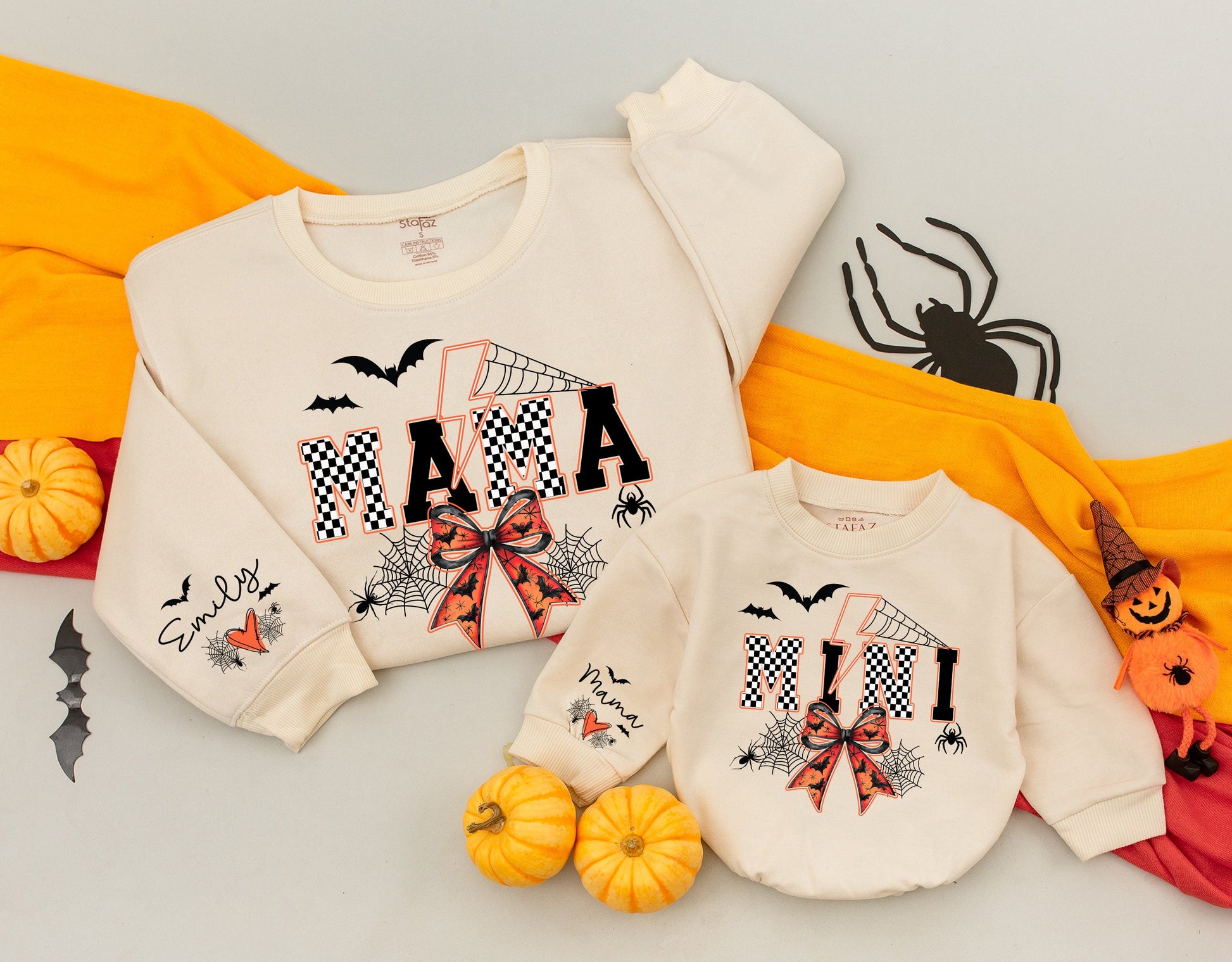 Spooky Mama Halloween Sweatshirt Matching Mini Bat Spider Checkered Orange Bow Retro Cozy Fall Gift