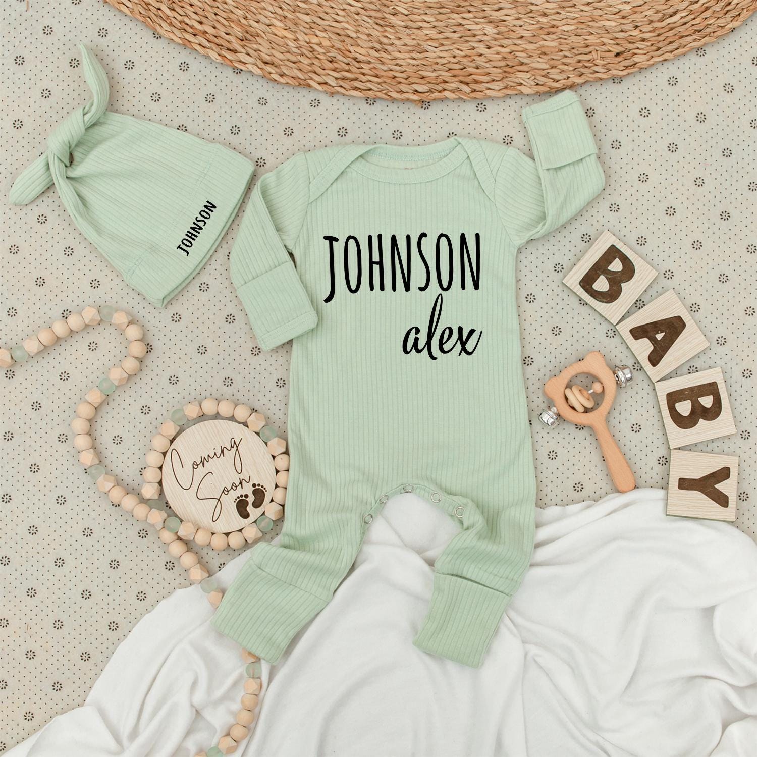 Custom Baby Announcement Bodysuit Hat Set with Modern 'JOHNSON alex' Black Name Print, Soft Newborn Infant Jumpsuit for Boy Girl Coming Soon Gift