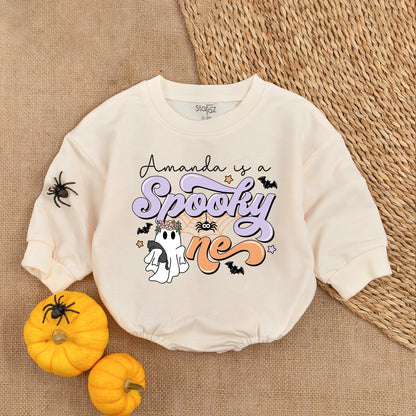 Amanda is a Spooky One Baby Romper Cute Ghost Halloween Outfit Purple White Orange Bats Stars Spiderweb Flower Crown Baby's First Halloween Gift