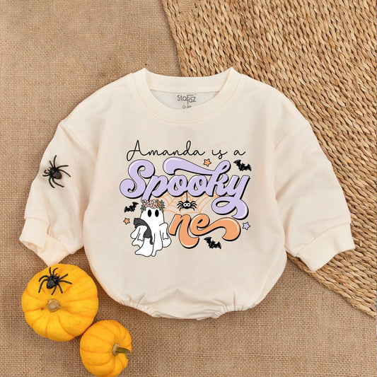 Amanda is a Spooky One Baby Romper Cute Ghost Halloween Outfit Purple White Orange Bats Stars Spiderweb Flower Crown Baby's First Halloween Gift