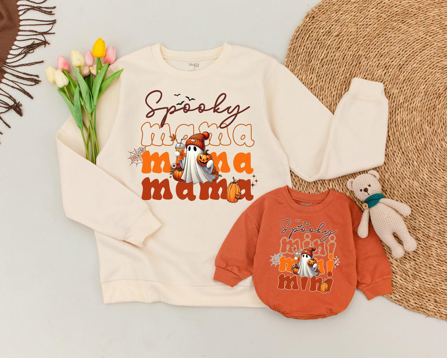 Retro Halloween Family Sweater: Cute Ghosts for Mom and Baby