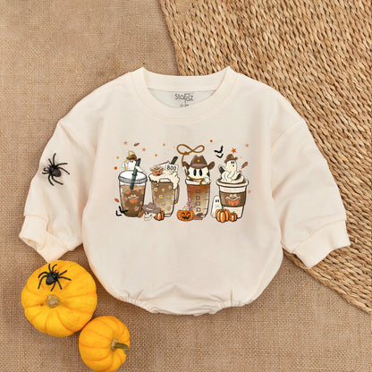 Cute Spooky Halloween Coffee Bodysuit Western Pumpkin Ghost Baby Romper Cozy Fall Baby Clothes First Halloween Outfit
