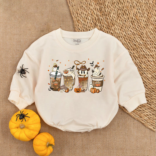 Cute Spooky Halloween Coffee Bodysuit Western Pumpkin Ghost Baby Romper Cozy Fall Baby Clothes First Halloween Outfit