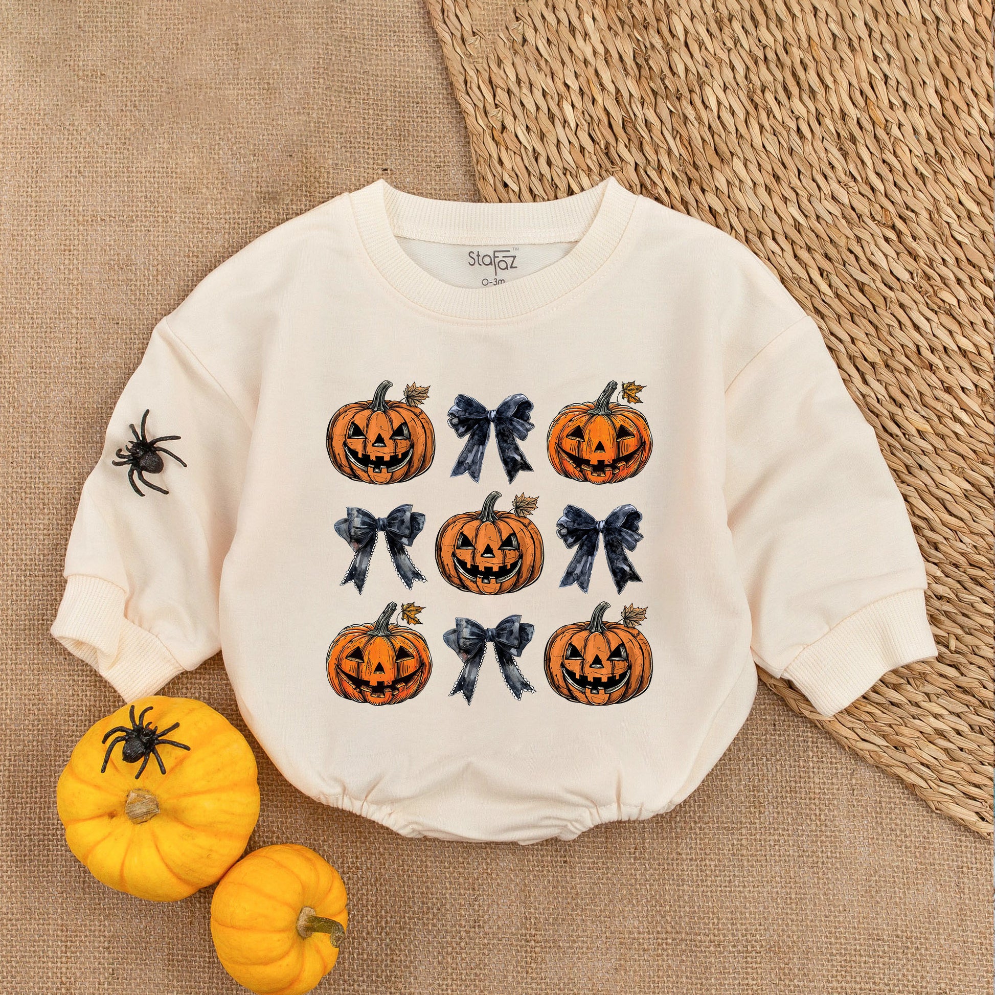 Adorable Retro Halloween Baby Romper featuring smiling jack-o'-lanterns and bows with autumn leaves a sweet first fall celebration outfit