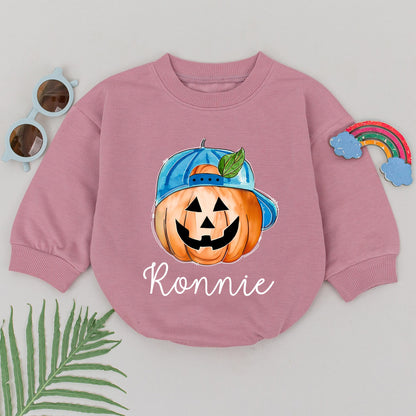 Personalized Ronnie's First Halloween Romper, Cute Pumpkin Baby Outfit with Blue Cap, Spooky Season Bodysuit, Baby Shower Gift, Newborn Boy Clothes (139 chars)