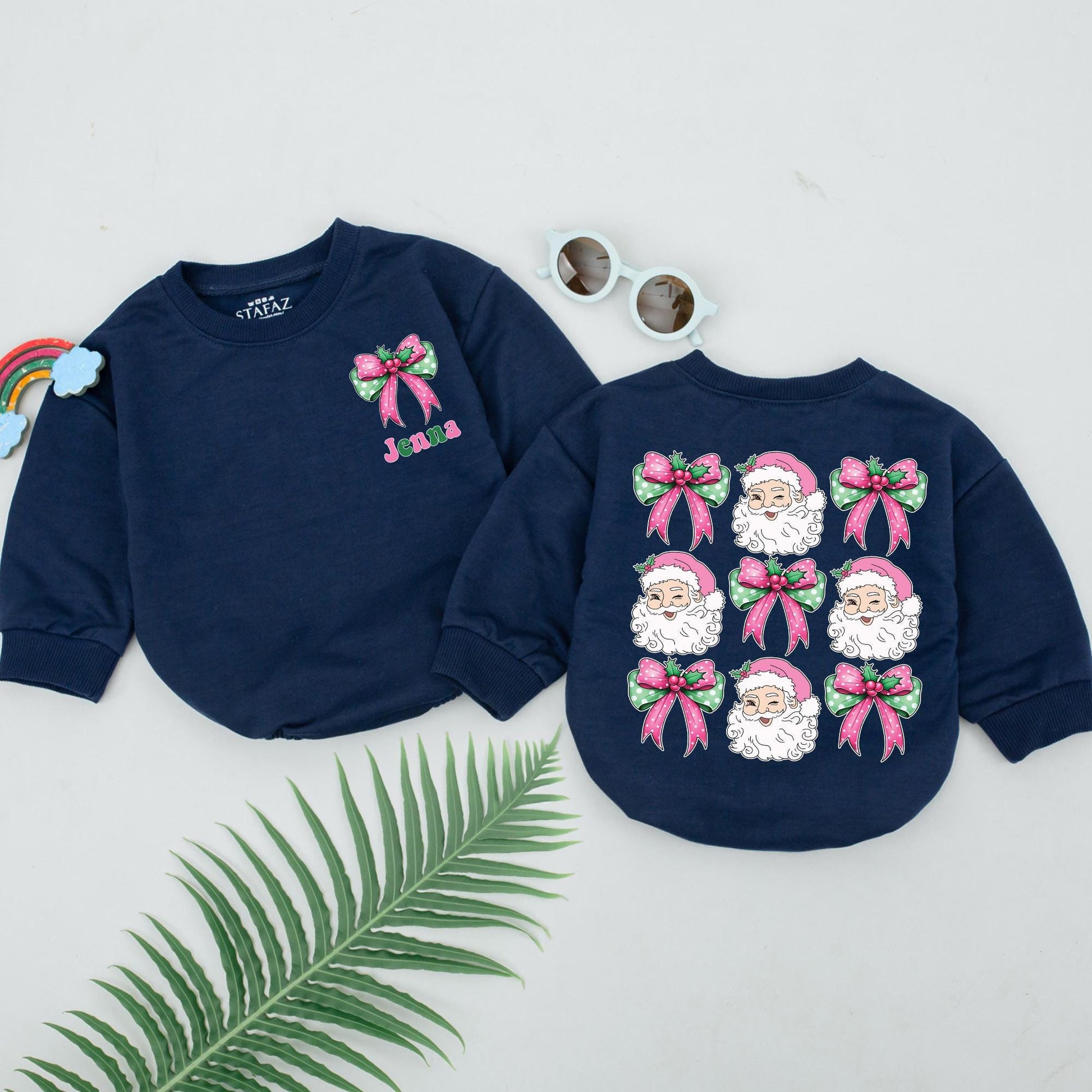 Personalized Christmas Romper: Pink Bow & Santa, Custom Name "Jenna", Holiday Baby Gift, Newborn Outfit, Bright Xmas Clothes for Girls 1st Christmas 