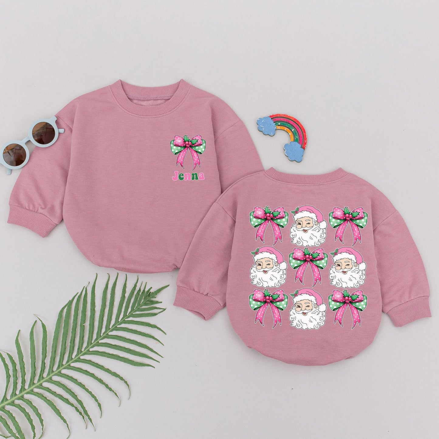 Personalized Christmas Romper: Pink Bow & Santa, Custom Name "Jenna", Holiday Baby Gift, Newborn Outfit, Bright Xmas Clothes for Girls 1st Christmas 