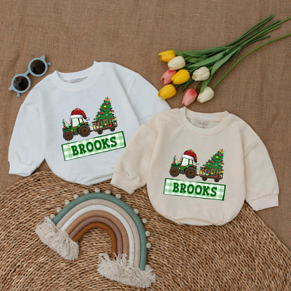 Personalized Tractor Christmas Romper for Baby Boy First Christmas Outfit Custom Name Winter Clothes Christmas Baby Shower Gift Red & Green Newborn Clothes