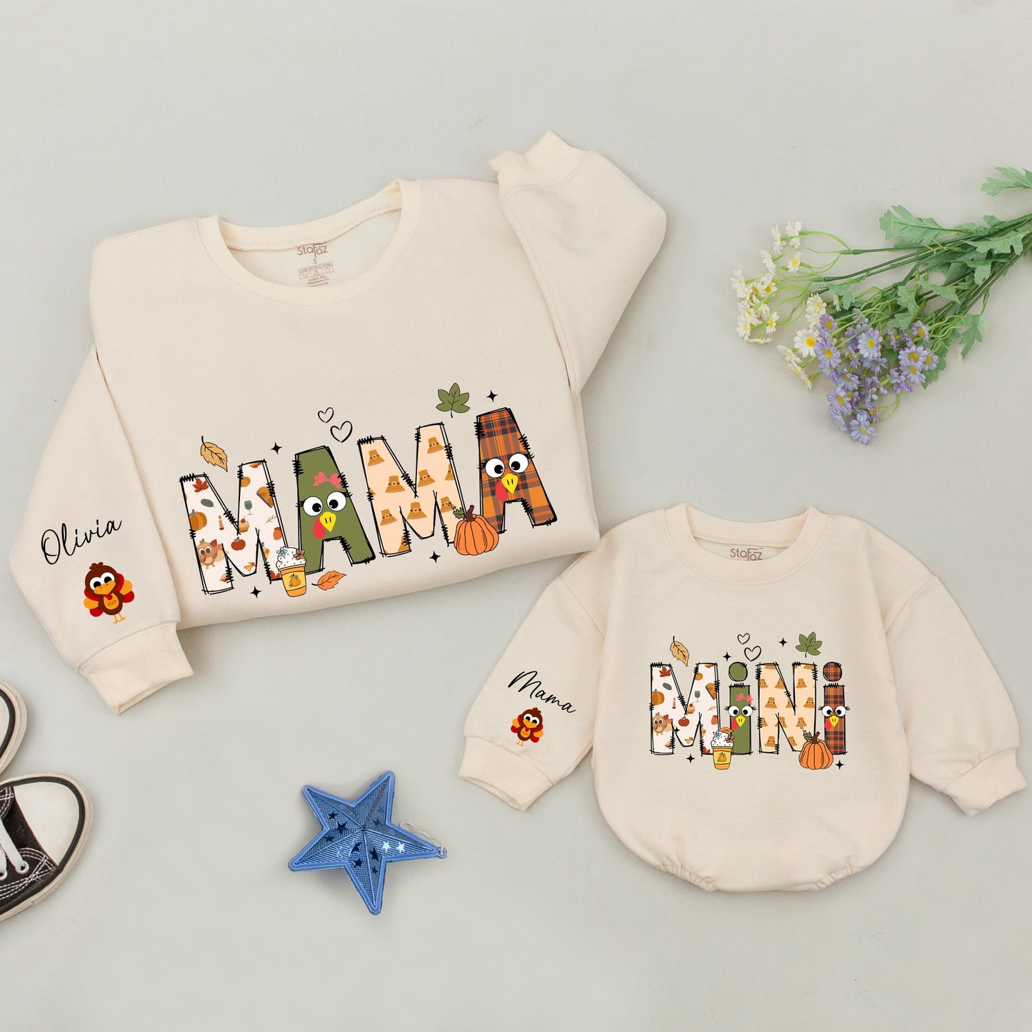 Mama and Mini Matching Sweatshirts, Retro Thanksgiving Family Outfits