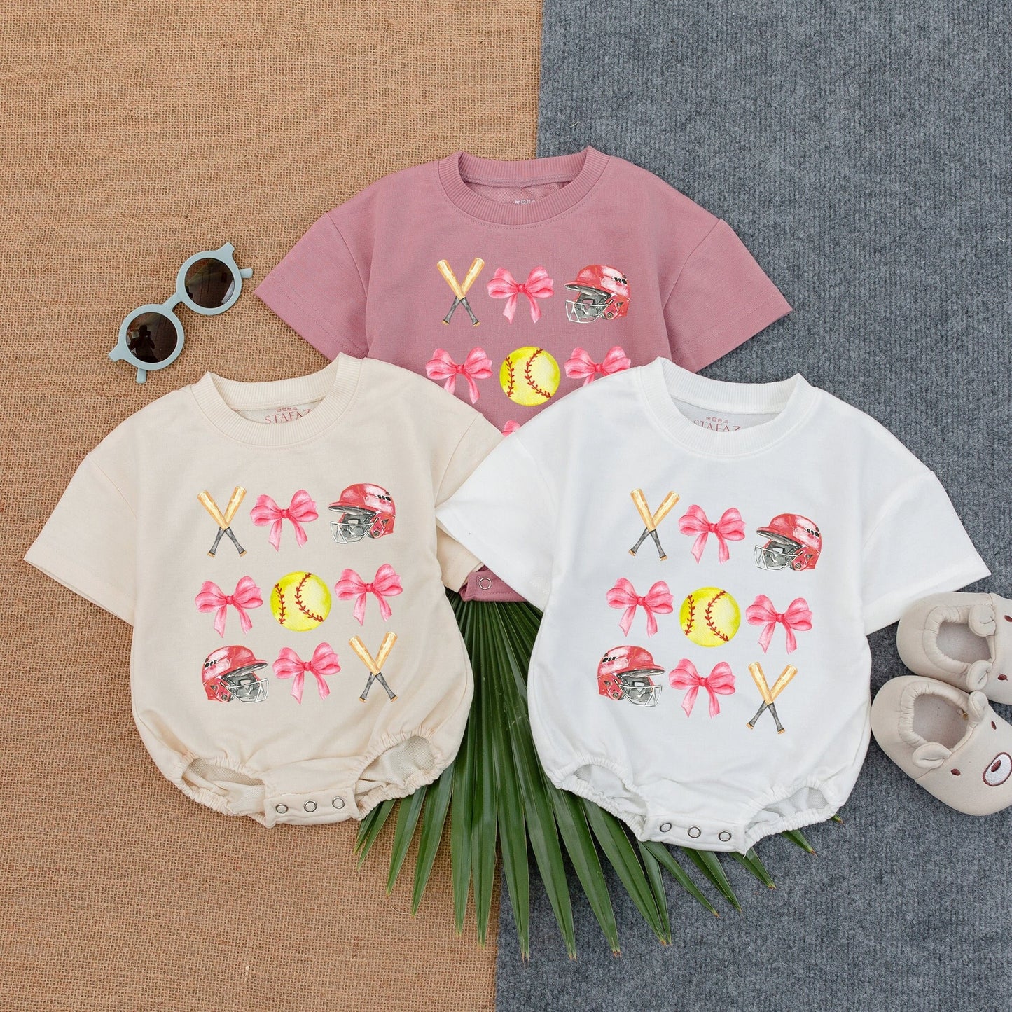 Playful Softball Pink Bow Bubble Romper Newborn Baby Girl Game Day Outfit with Crossed Bats Helmet Yellow Softball Cute Birthday Summer Clothes