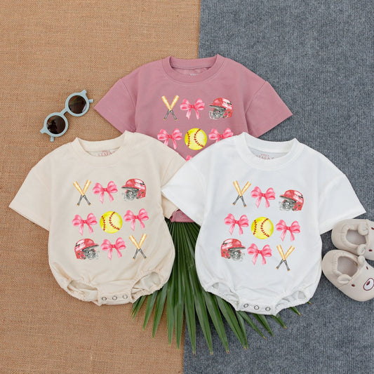 Playful Softball Pink Bow Bubble Romper Newborn Baby Girl Game Day Outfit with Crossed Bats Helmet Yellow Softball Cute Birthday Summer Clothes
