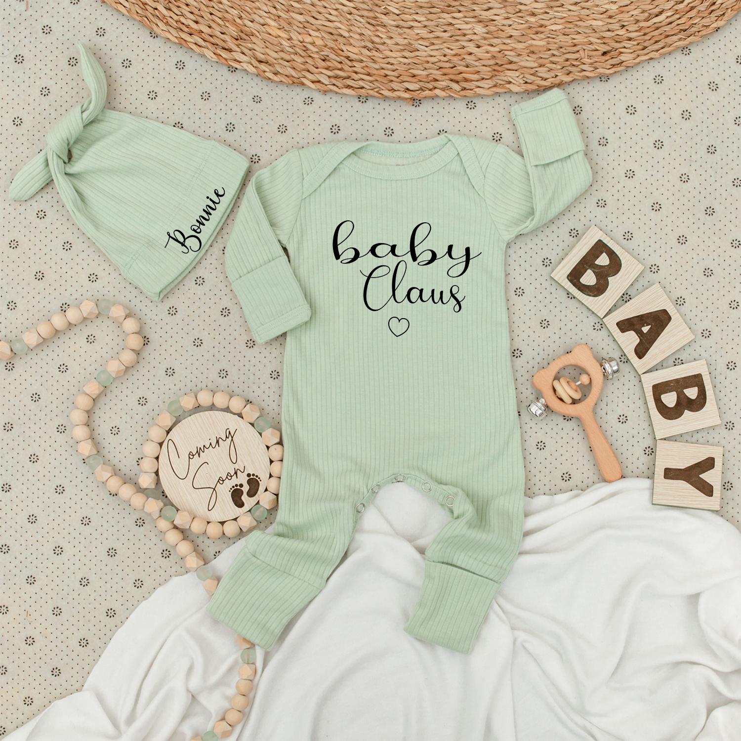 Baby Claus Christmas Romper & Hat Set Personalized Bonnie Newborn Outfit Long Sleeve Bodysuit Xmas Coming Soon Baby Shower Clothes 137chars