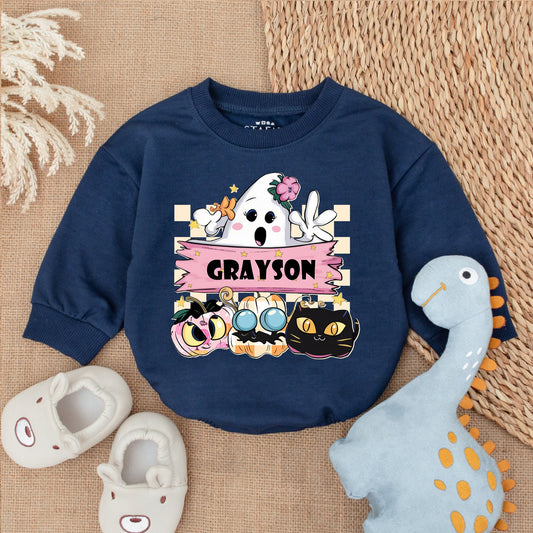 Cute Cartoon Ghost First Halloween Baby Girl Romper with Grayson Pink Banner Whimsical Pastel Outfit