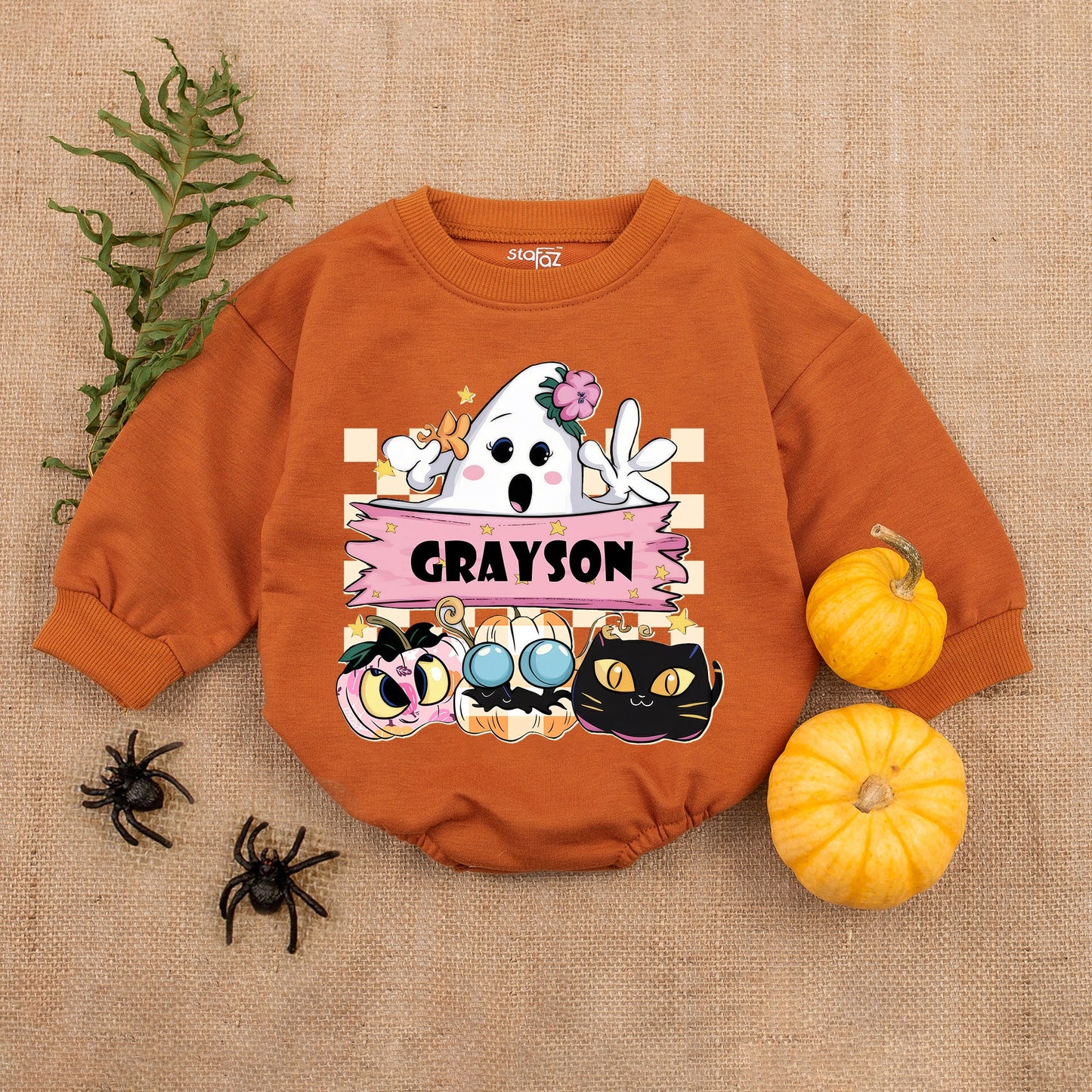 Cute Cartoon Ghost First Halloween Baby Girl Romper with Grayson Pink Banner Whimsical Pastel Outfit