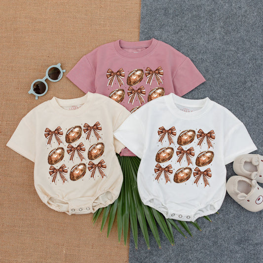 Cute Football Bow Romper Baby Girl Gameday Outfit Short Sleeve Infant Clothes Newborn Football Birthday Gift Vintage Lace Charm