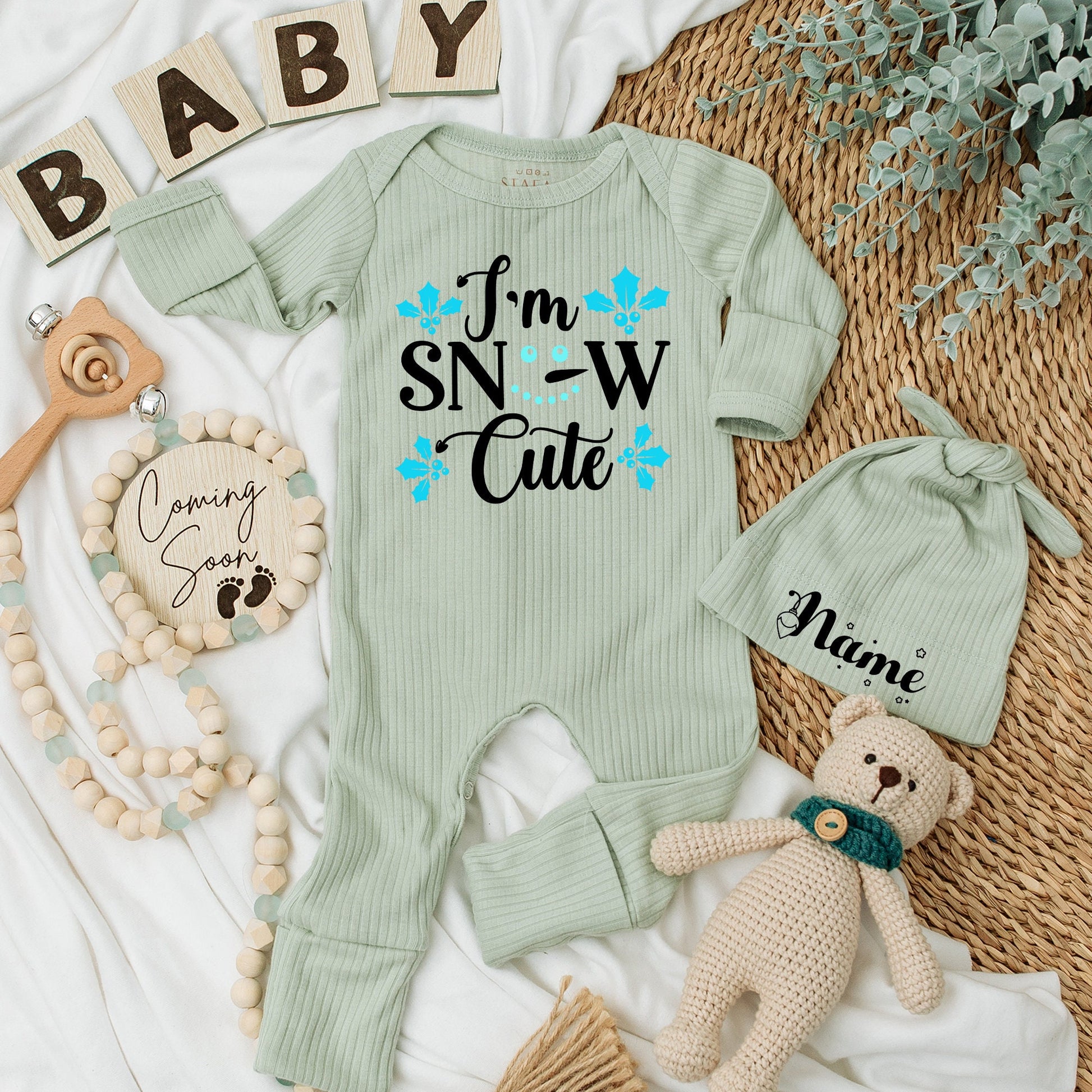 I'm Snow Cute Baby Romper - Soft Christmas Newborn Outfit, Teal Holly Accent, Funny Winter Pun Long Sleeve Going Home Gift for Boys and Girls