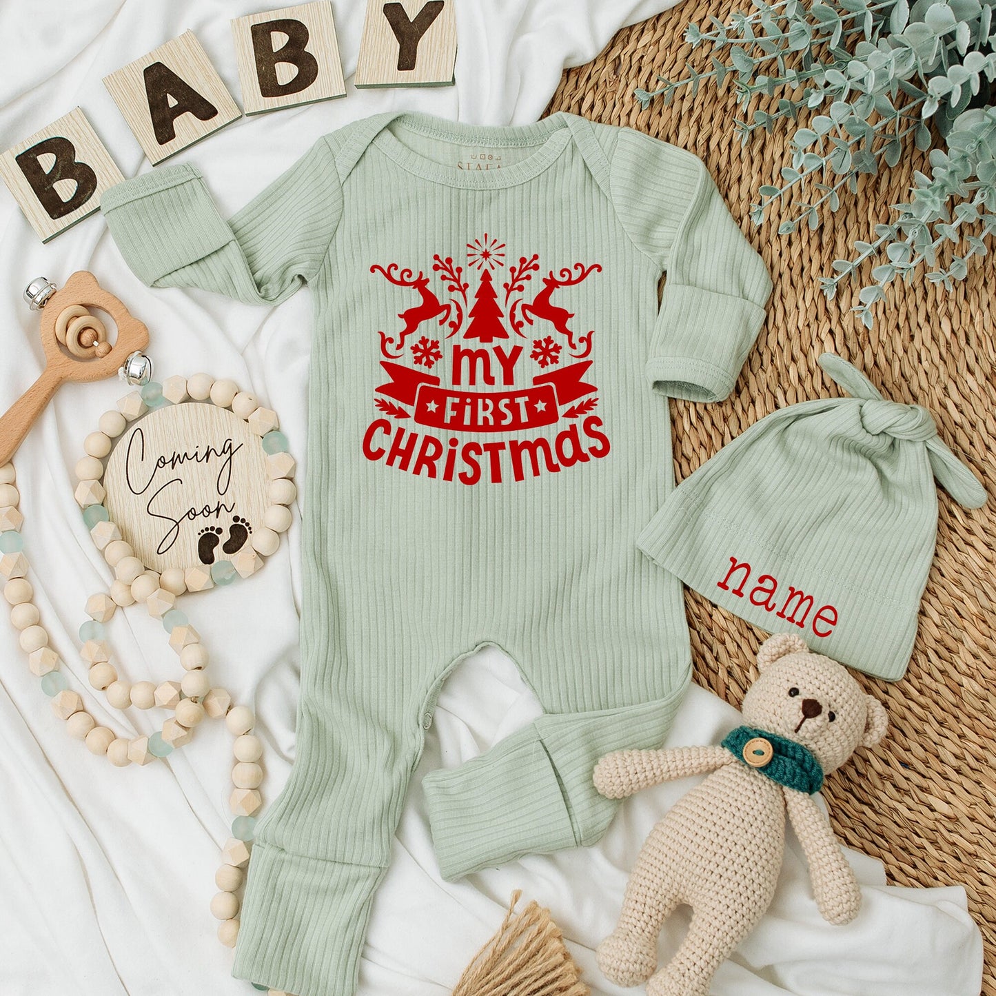 My First Christmas Baby Romper with Reindeer Snowflakes & Red Banner Custom Newborn Outfit for Boys Girls Baby Shower Christmas Gift