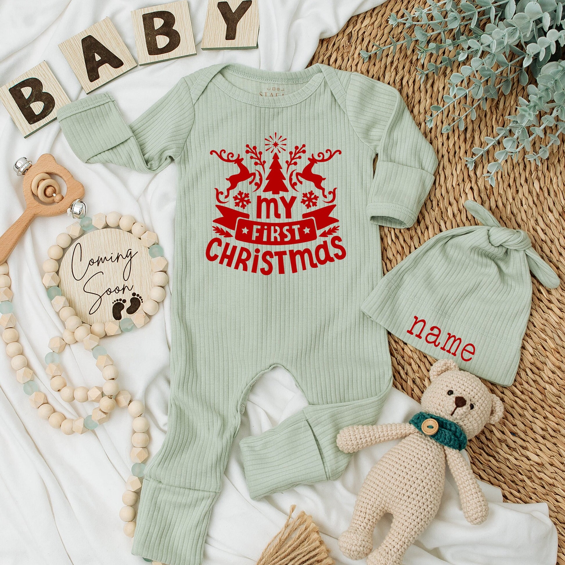 My First Christmas Baby Romper with Reindeer Snowflakes & Red Banner Custom Newborn Outfit for Boys Girls Baby Shower Christmas Gift