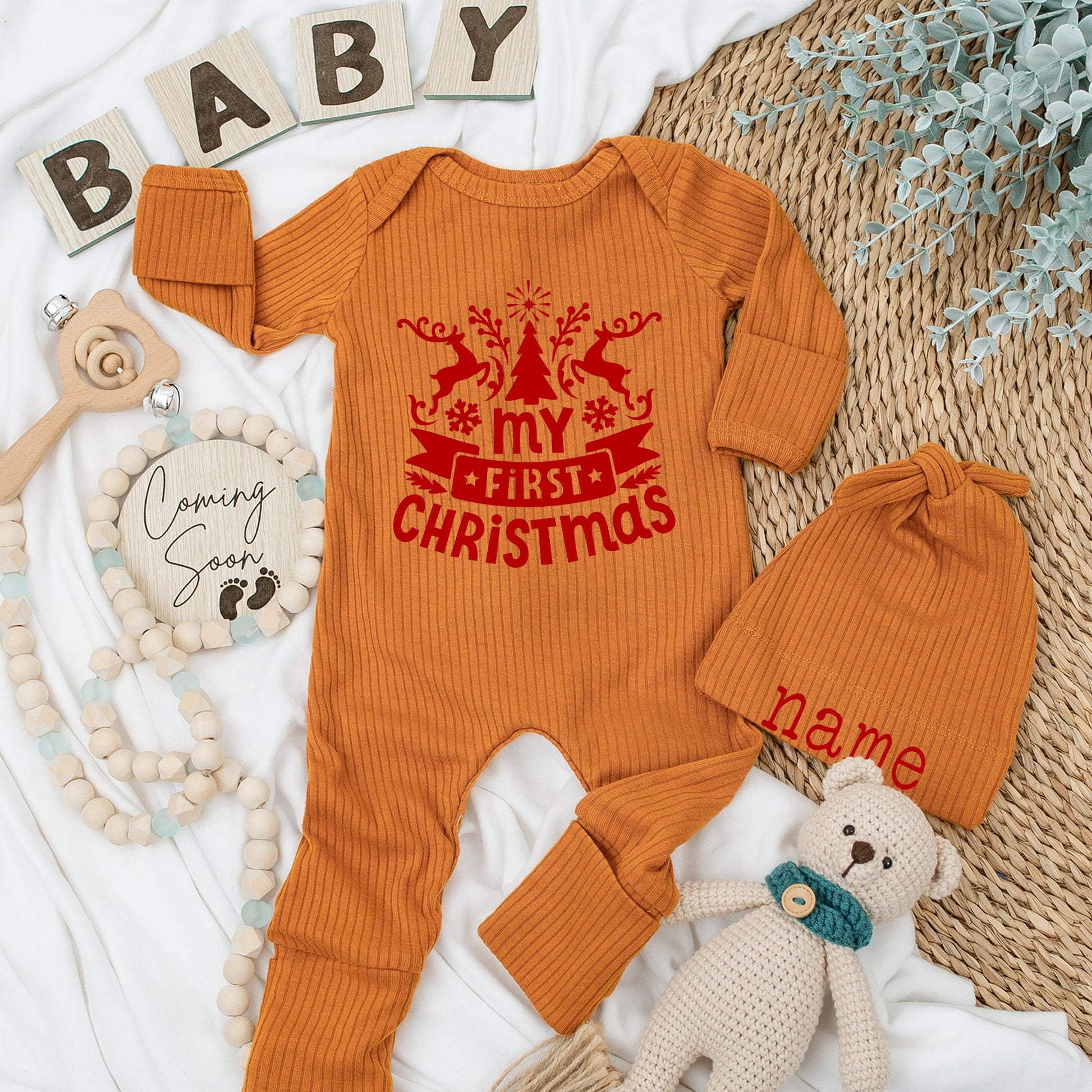 My First Christmas Baby Romper with Reindeer Snowflakes & Red Banner Custom Newborn Outfit for Boys Girls Baby Shower Christmas Gift