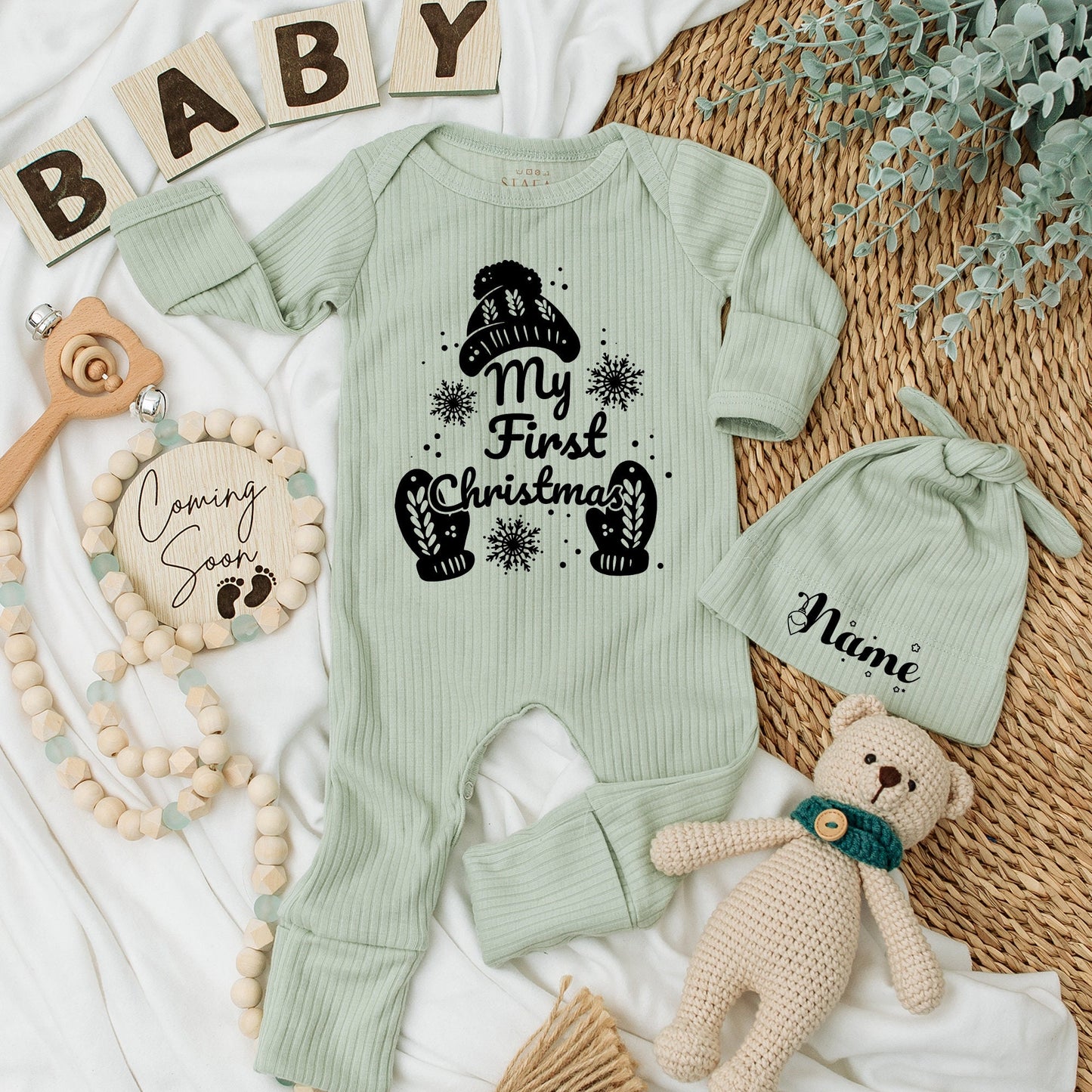 My First Christmas Baby Romper Soft Newborn Going Home Outfit Cute Winter Hat Mittens Custom Gift for Boys Girls Baby Shower Christmas Gifts