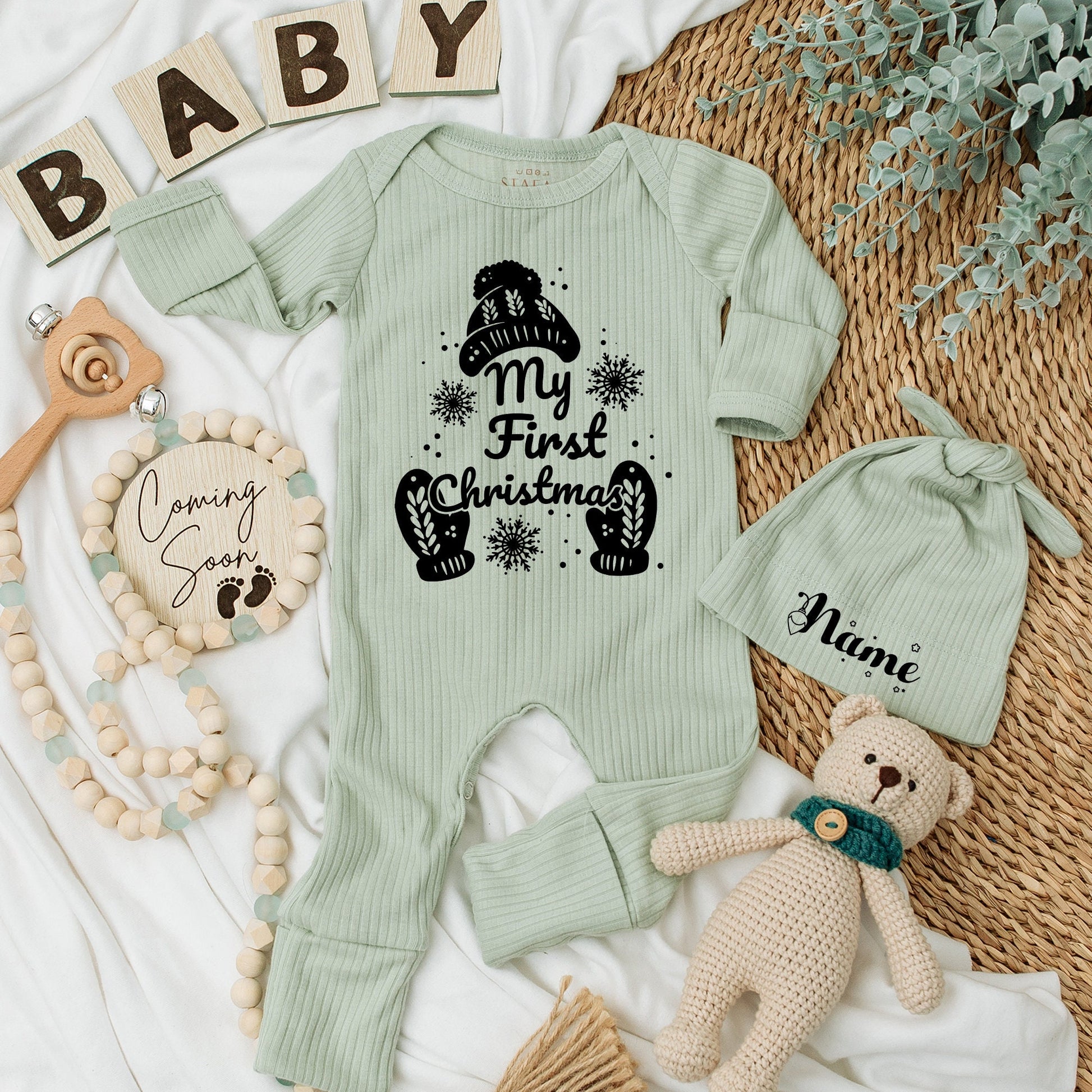 My First Christmas Baby Romper Soft Newborn Going Home Outfit Cute Winter Hat Mittens Custom Gift for Boys Girls Baby Shower Christmas Gifts