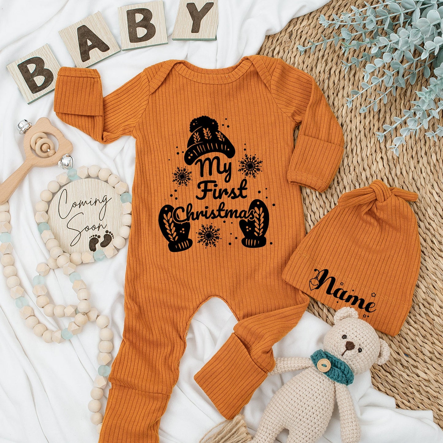 My First Christmas Baby Romper Soft Newborn Going Home Outfit Cute Winter Hat Mittens Custom Gift for Boys Girls Baby Shower Christmas Gifts