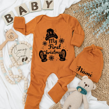 My First Christmas Baby Romper Soft Newborn Going Home Outfit Cute Winter Hat Mittens Custom Gift for Boys Girls Baby Shower Christmas Gifts