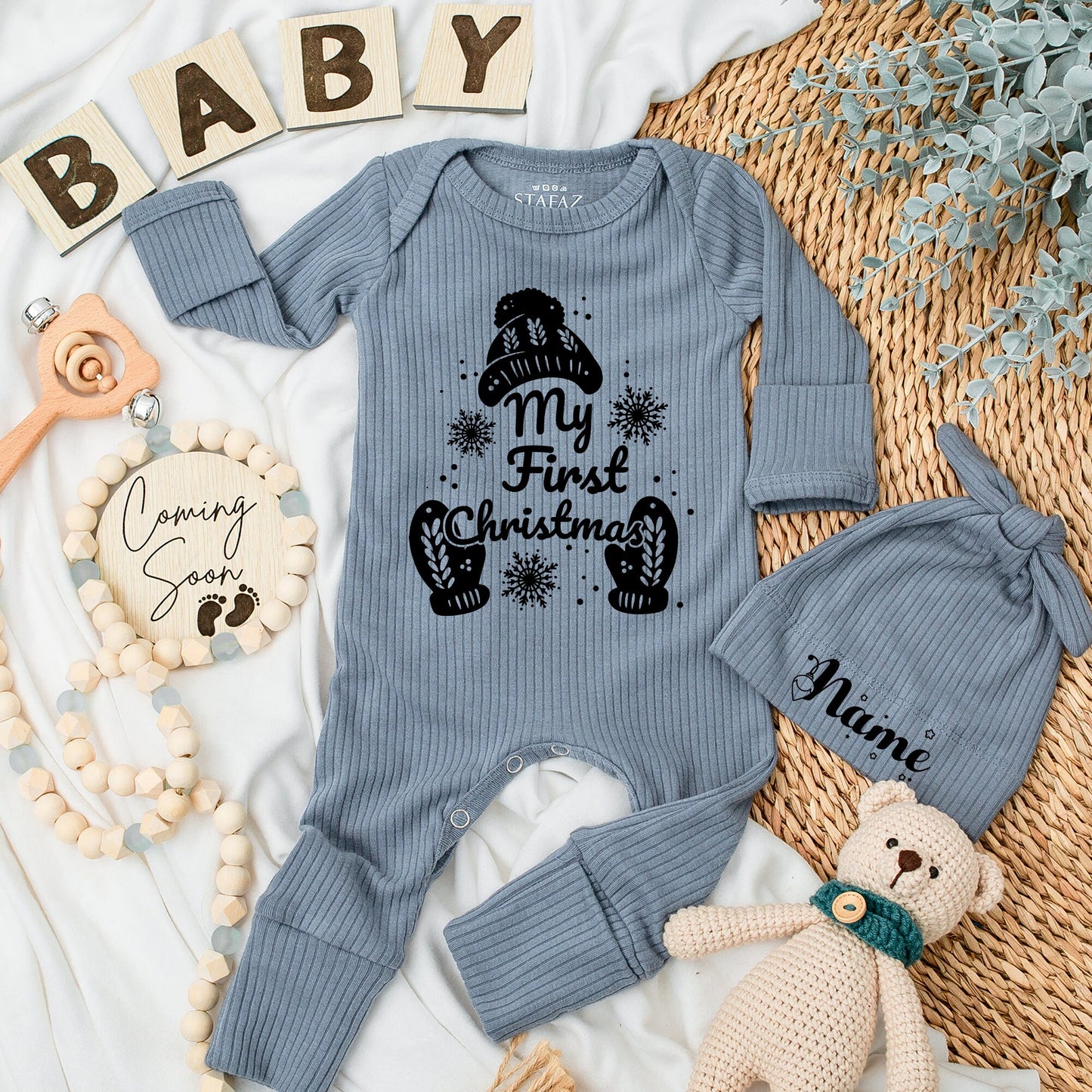 My First Christmas Baby Romper Soft Newborn Going Home Outfit Cute Winter Hat Mittens Custom Gift for Boys Girls Baby Shower Christmas Gifts