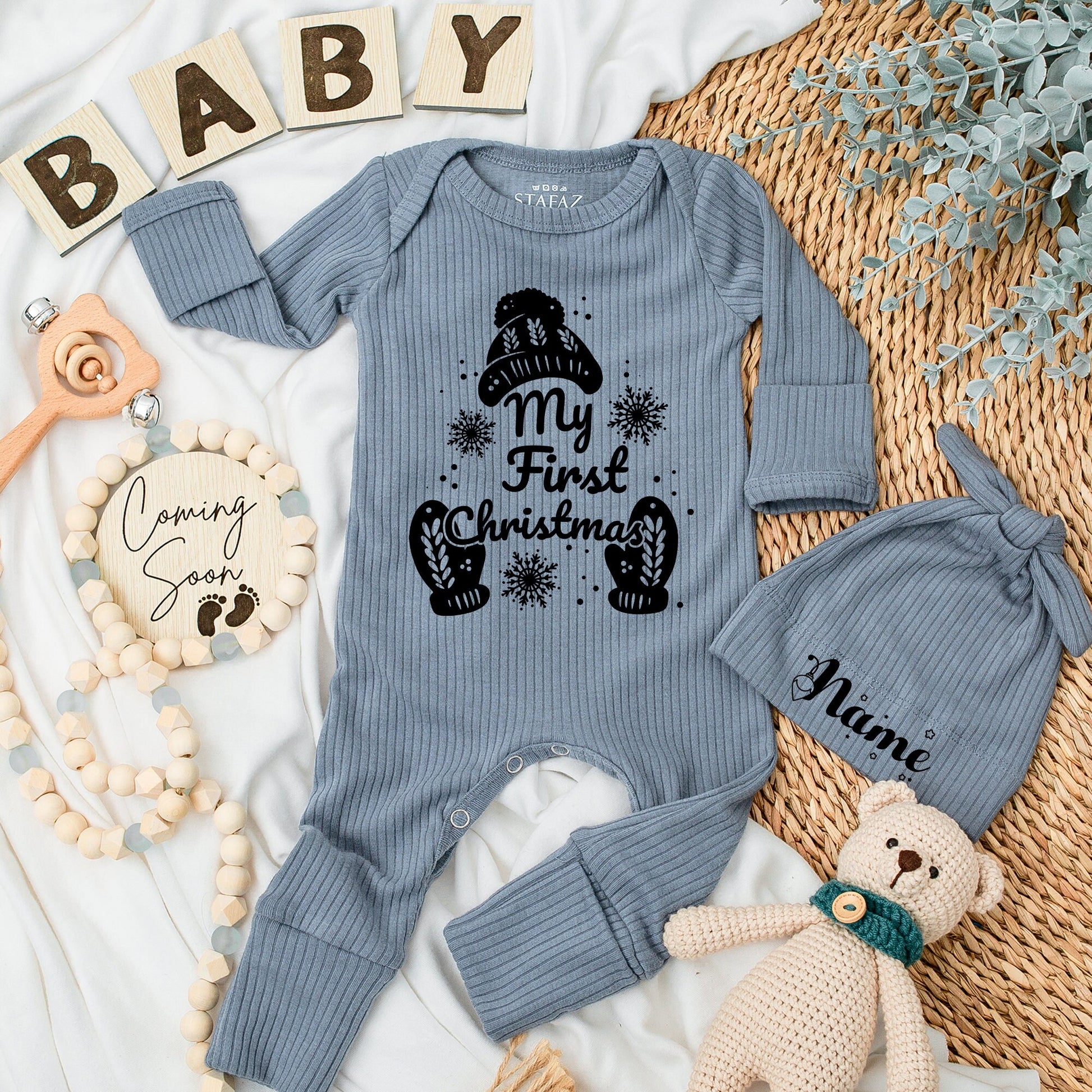 My First Christmas Baby Romper Soft Newborn Going Home Outfit Cute Winter Hat Mittens Custom Gift for Boys Girls Baby Shower Christmas Gifts
