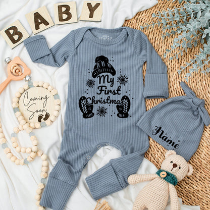 My First Christmas Baby Romper Soft Newborn Going Home Outfit Cute Winter Hat Mittens Custom Gift for Boys Girls Baby Shower Christmas Gifts