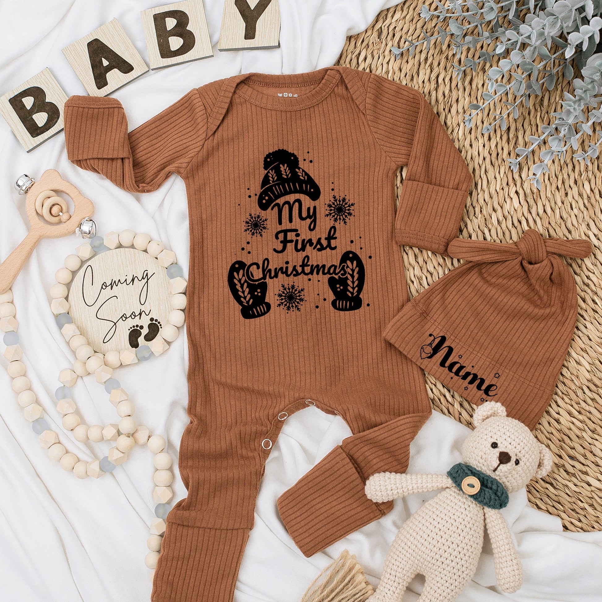 My First Christmas Baby Romper Soft Newborn Going Home Outfit Cute Winter Hat Mittens Custom Gift for Boys Girls Baby Shower Christmas Gifts