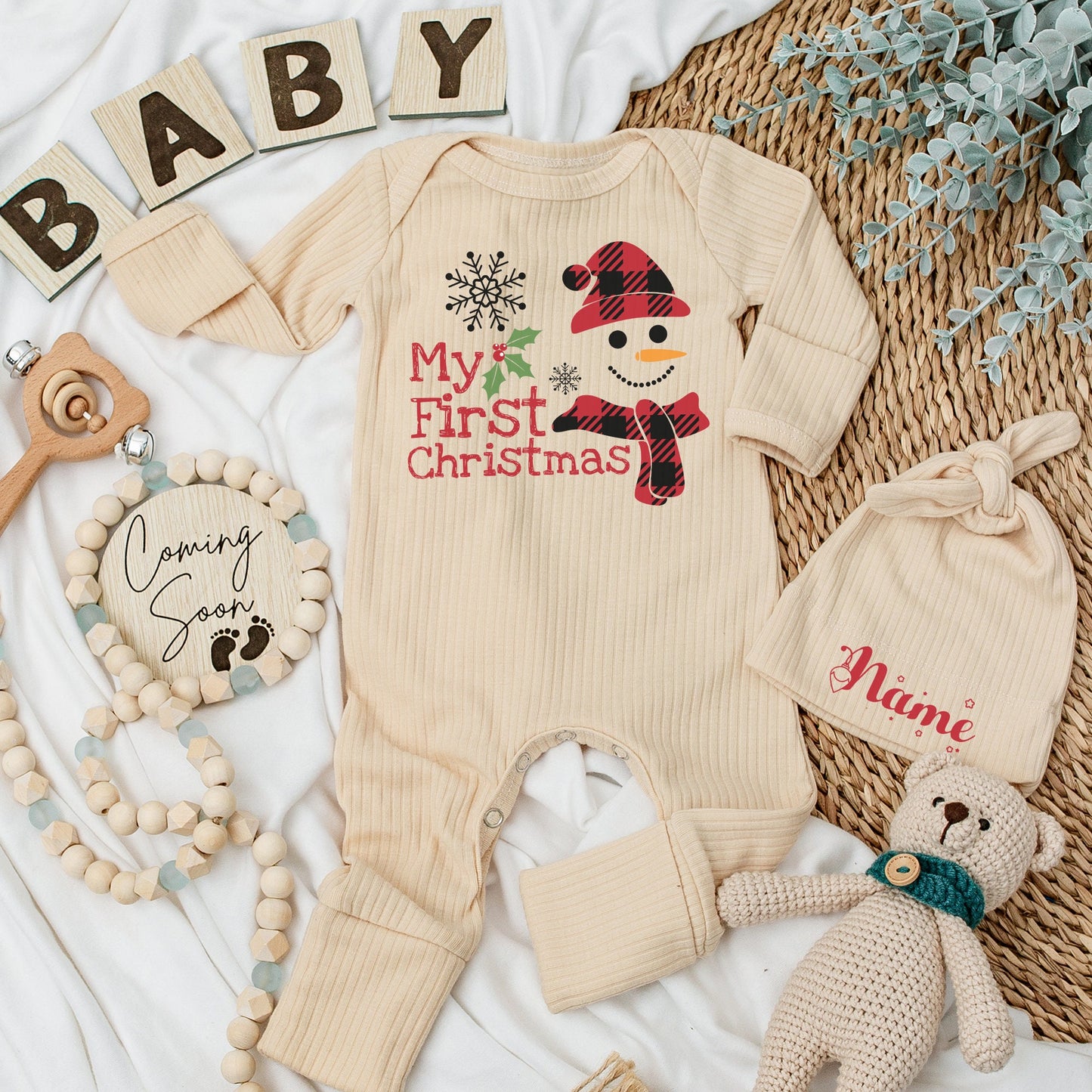 My First Christmas Baby Long Sleeve Romper Cute Snowman Buffalo Plaid Outfit Newborn Gift for Boys Girls