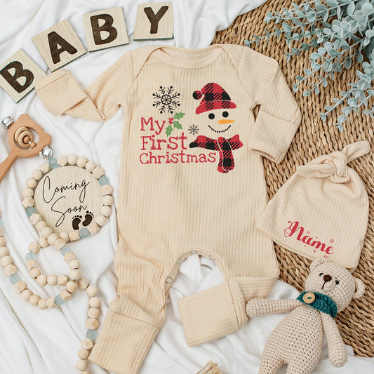 My First Christmas Baby Long Sleeve Romper Cute Snowman Buffalo Plaid Outfit Newborn Gift for Boys Girls