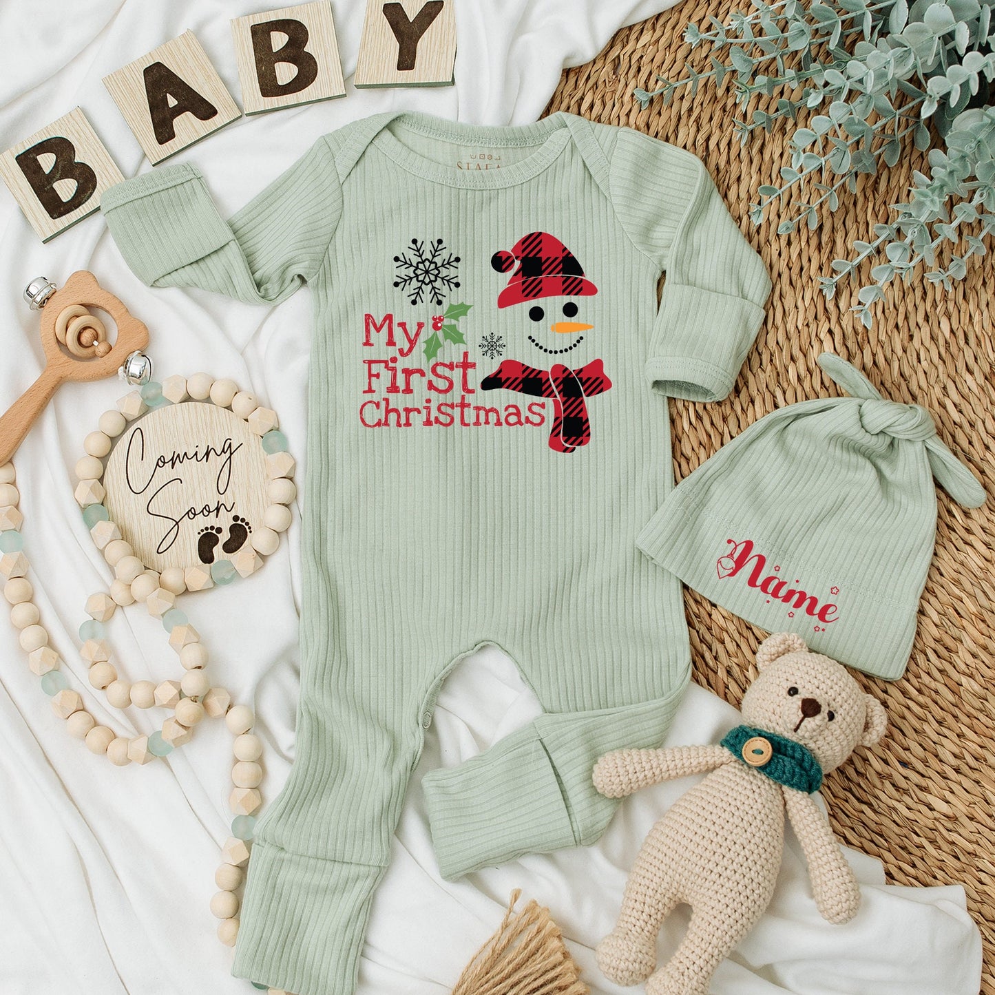 My First Christmas Baby Long Sleeve Romper Cute Snowman Buffalo Plaid Outfit Newborn Gift for Boys Girls