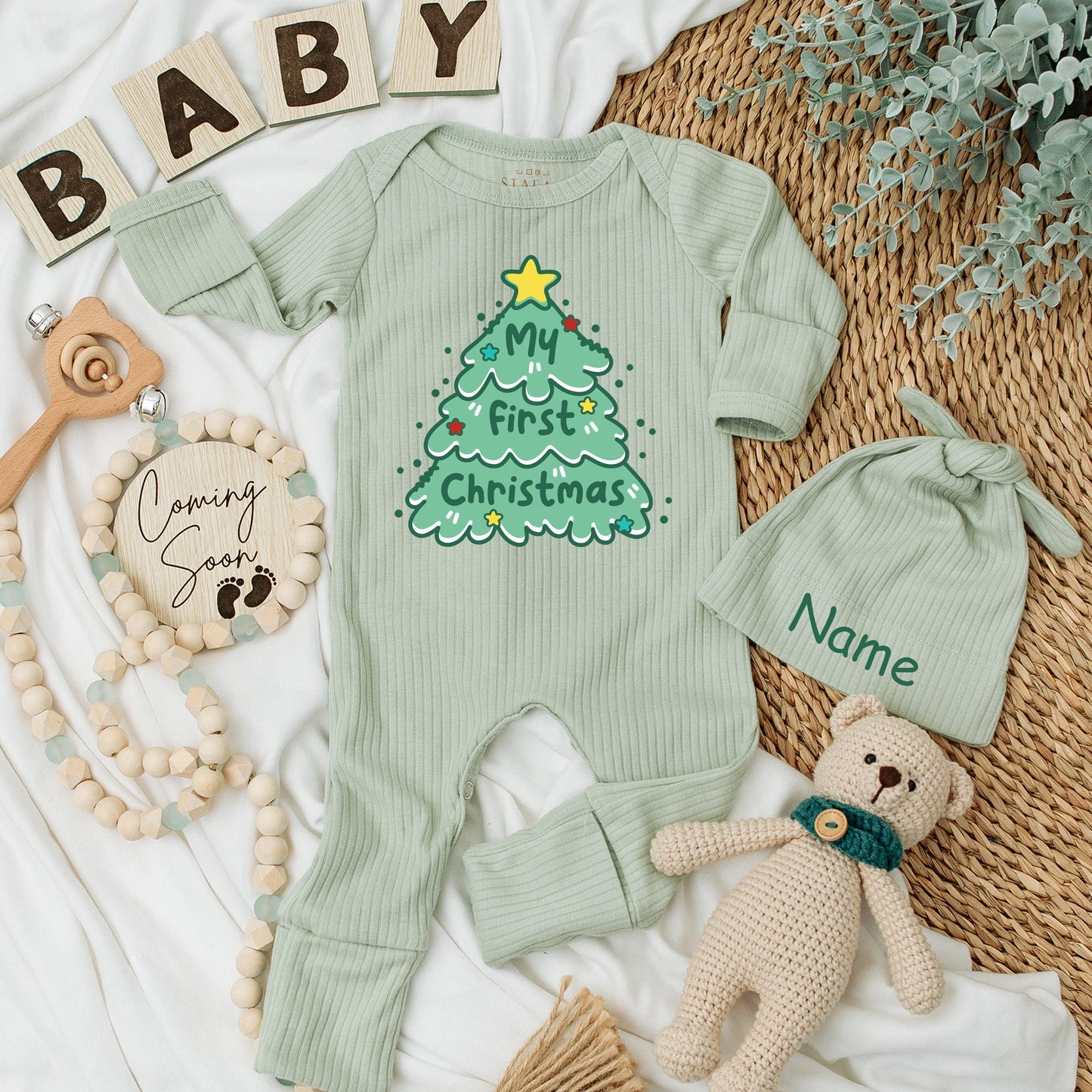 Whimsical My First Christmas Baby Long Sleeve Romper Green Tree & Stars Soft Cotton Newborn Going Home Outfit for Boys Girls Custom Holiday Gift
