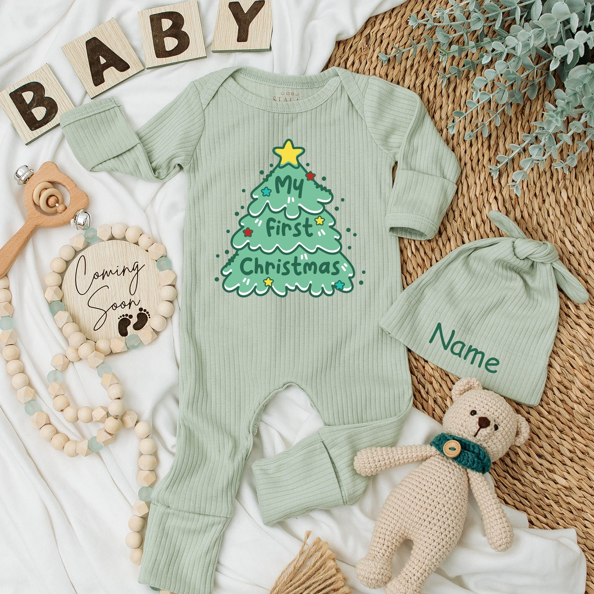 Whimsical My First Christmas Baby Long Sleeve Romper Green Tree & Stars Soft Cotton Newborn Going Home Outfit for Boys Girls Custom Holiday Gift
