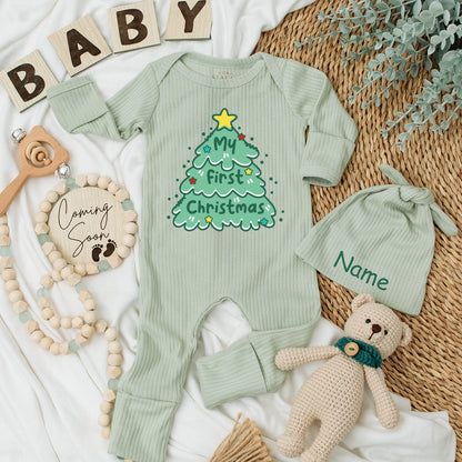 Whimsical My First Christmas Baby Long Sleeve Romper Green Tree & Stars Soft Cotton Newborn Going Home Outfit for Boys Girls Custom Holiday Gift