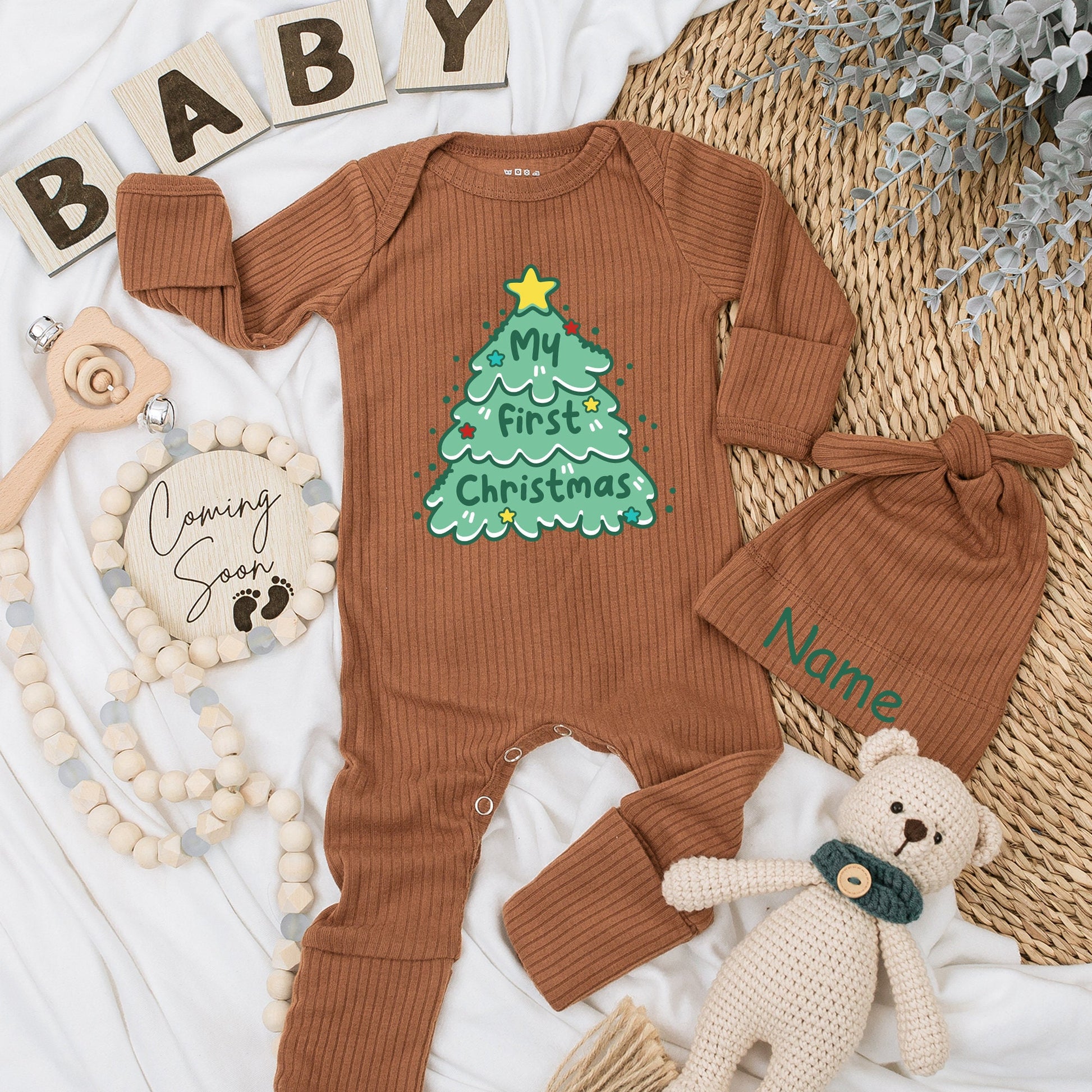 Whimsical My First Christmas Baby Long Sleeve Romper Green Tree & Stars Soft Cotton Newborn Going Home Outfit for Boys Girls Custom Holiday Gift