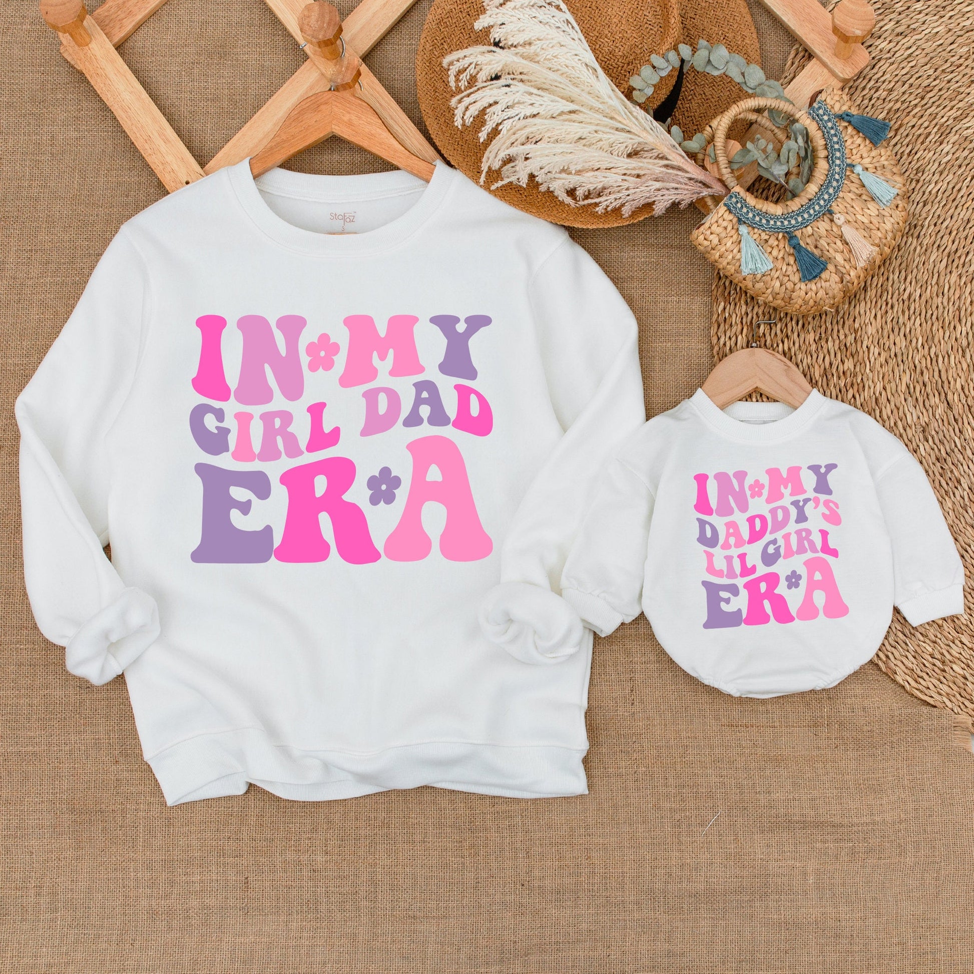Father-Daughter Matching Sweatshirts & Neutral Baby Romper Outfits