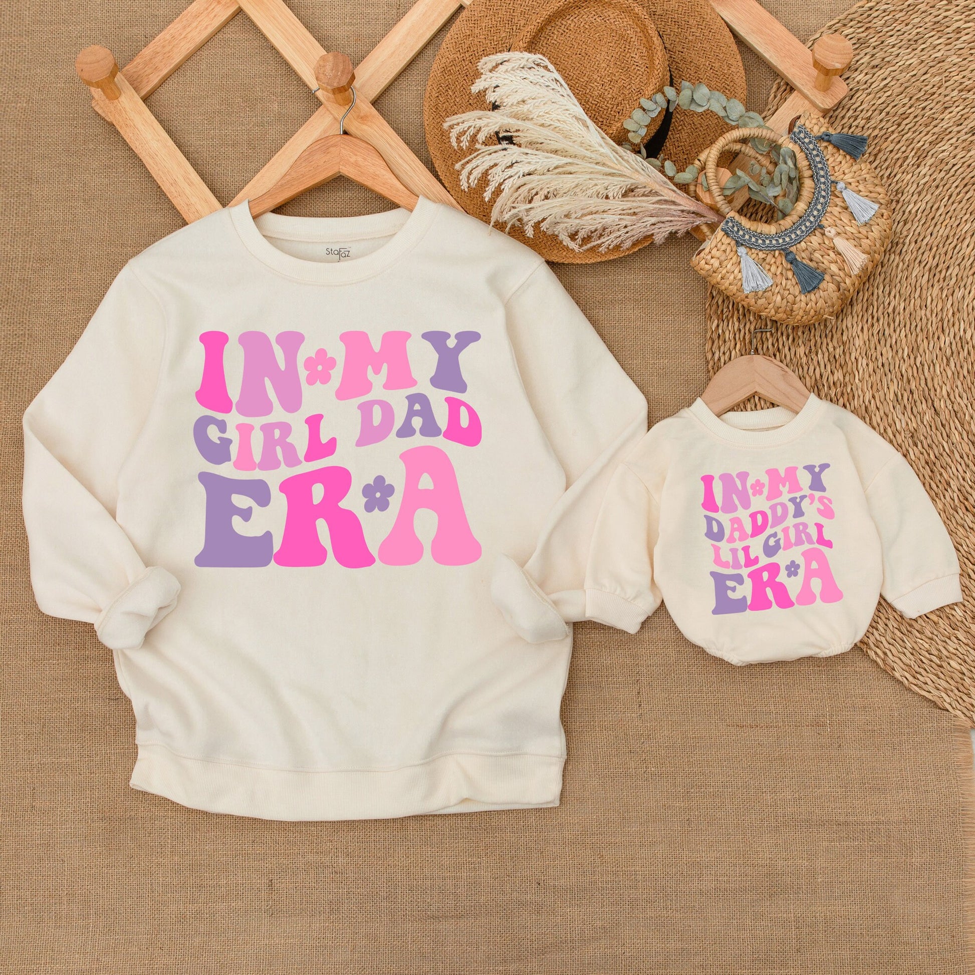 Father-Daughter Matching Sweatshirts & Neutral Baby Romper Outfits