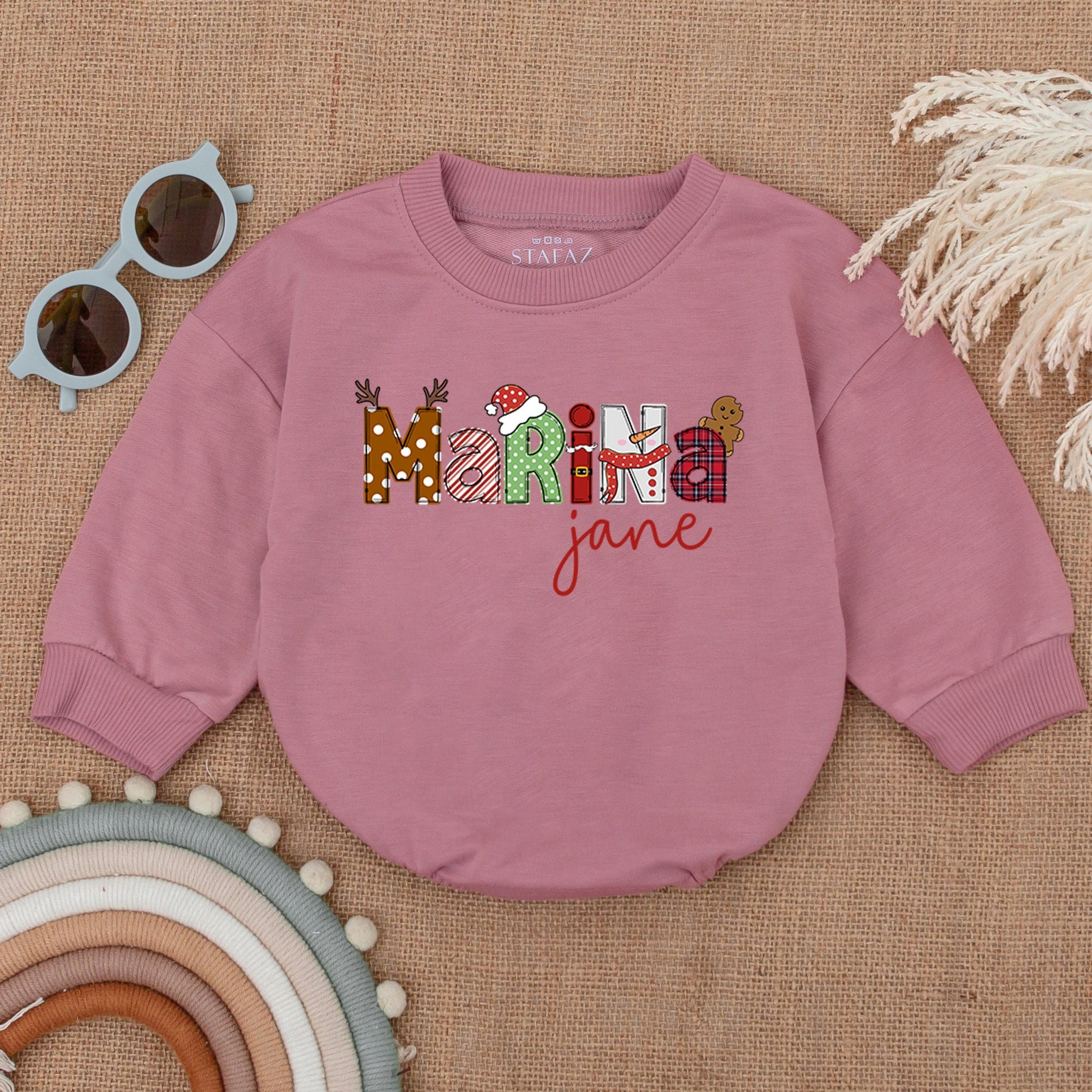 Custom Name Christmas Baby Bodysuit Festive Santa Reindeer Design with Gingerbread for First Holiday Season Soft Bubble Romper Infant Outfit Gift