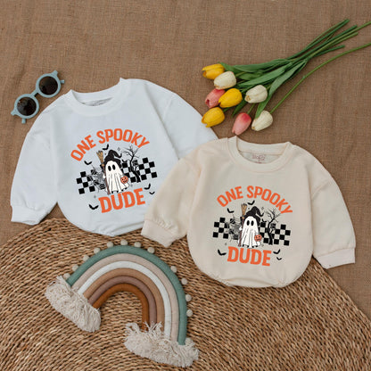 One Spooky Dude Baby Romper Boy Halloween Birthday Bodysuit, Ghost Witch Hat Jack-o'-Lantern Fall Baby Clothes Spooky Season