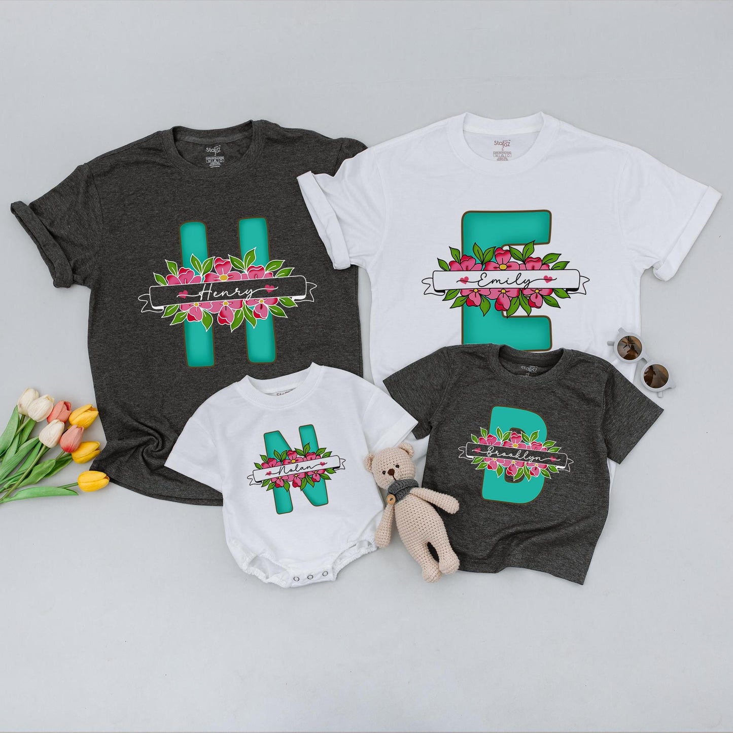 Custom Matching Family Shirts: Personalized Floral Name Outfits