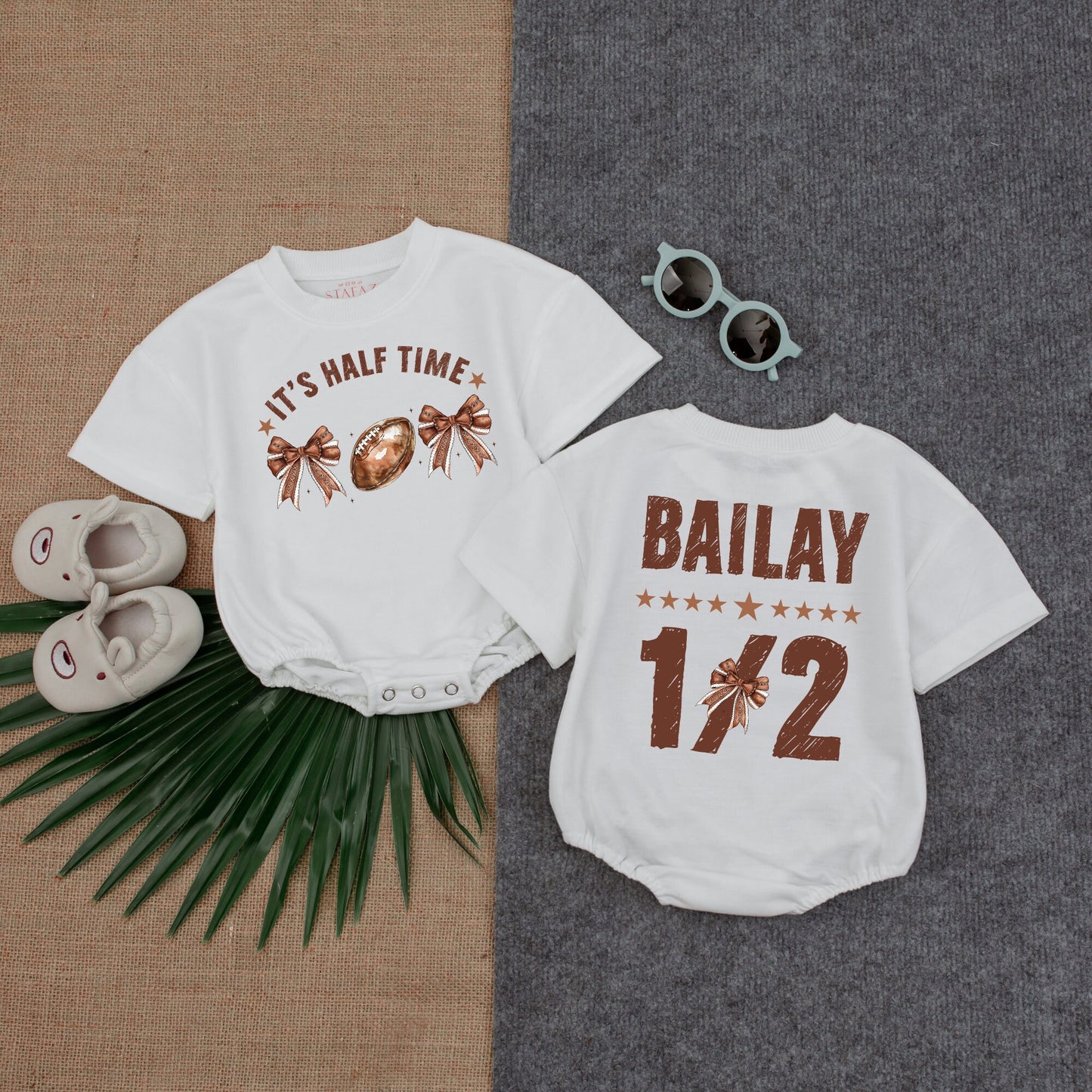 Custom Football Halftime Romper: 1/2 Birthday Baby Game Day Outfit