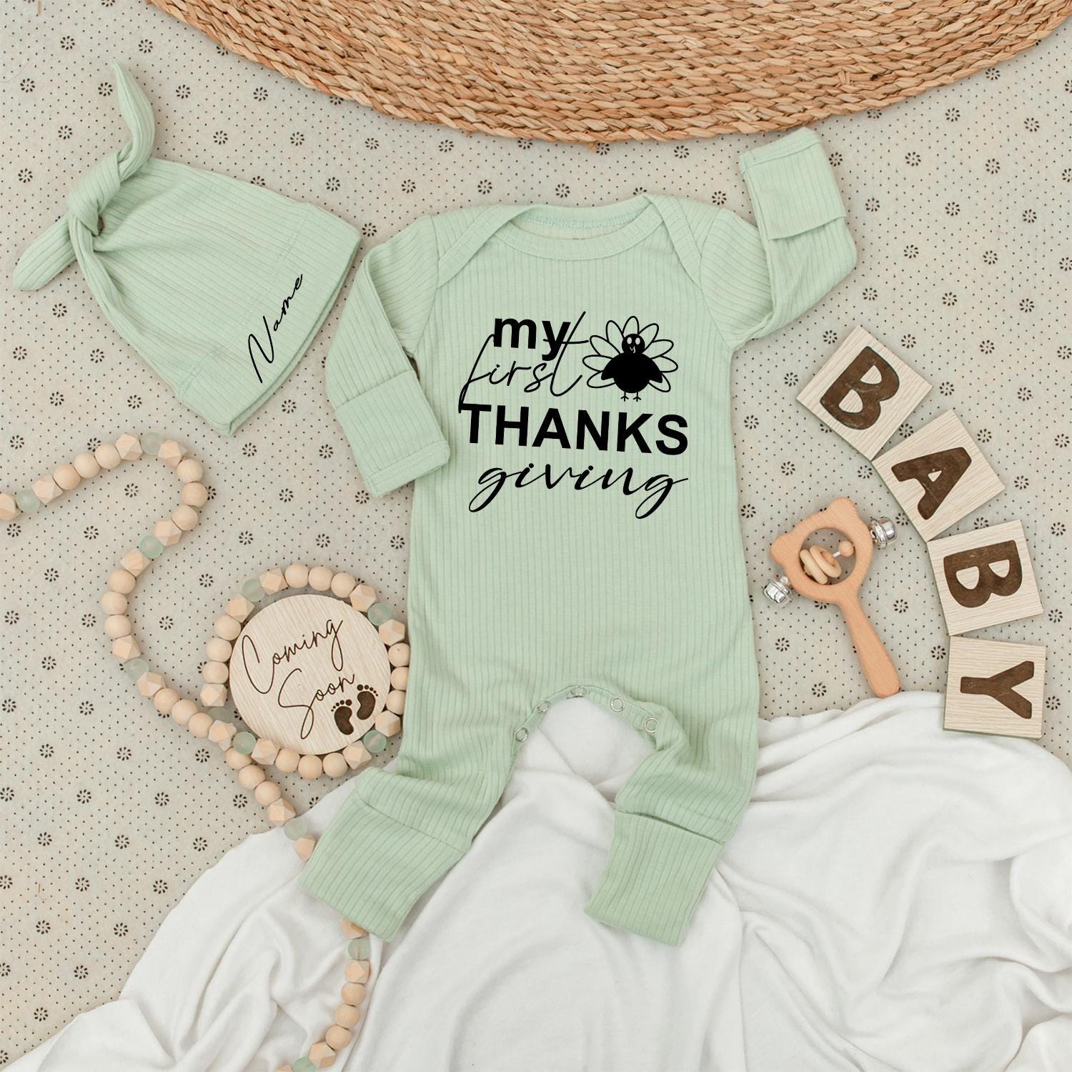 My First Thanksgiving Baby Bodysuit & Hat Set - Newborn Outfit, Cute Long Sleeve Jumpsuit, Little Turkey, Playful Infant Clothes, Shower Gift 138