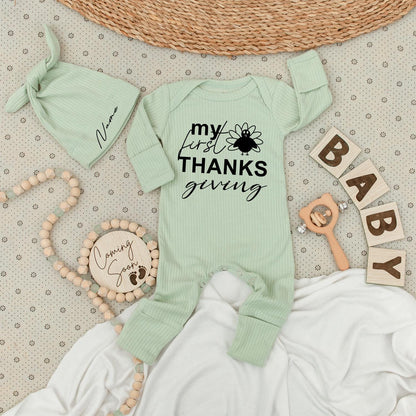 My First Thanksgiving Baby Bodysuit & Hat Set - Newborn Outfit, Cute Long Sleeve Jumpsuit, Little Turkey, Playful Infant Clothes, Shower Gift 138