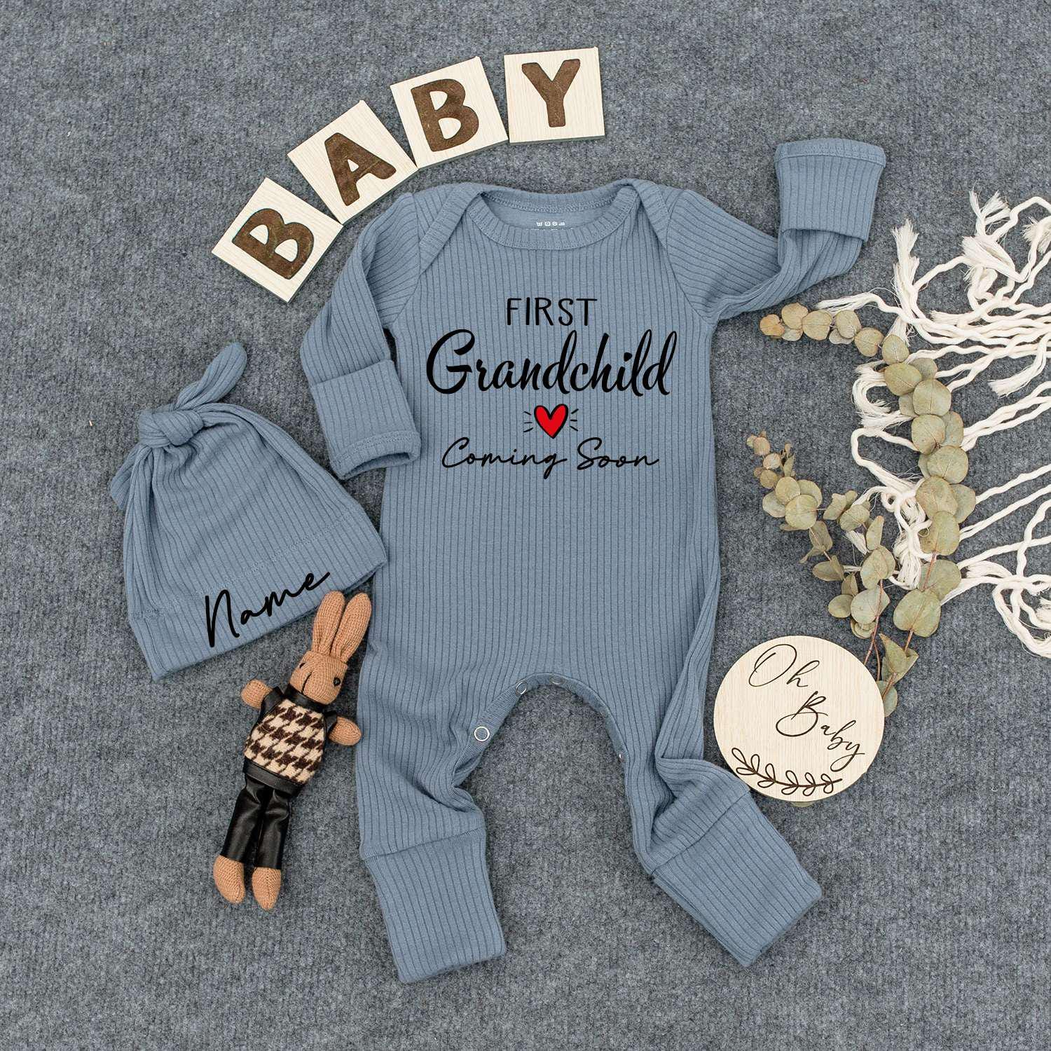 Custom First Grandchild Coming Soon Bodysuit & Hat Set, Black Cursive Design Baby Announcement Gift, Newborn Outfit