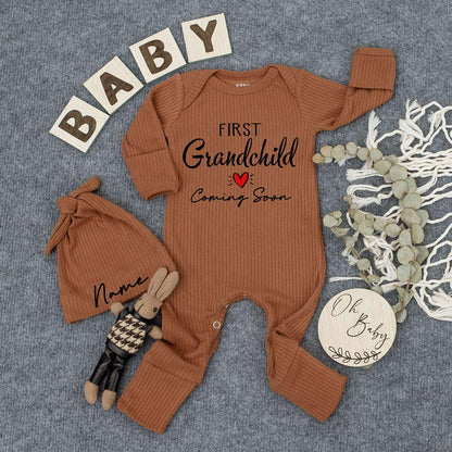 Custom First Grandchild Coming Soon Bodysuit & Hat Set, Black Cursive Design Baby Announcement Gift, Newborn Outfit